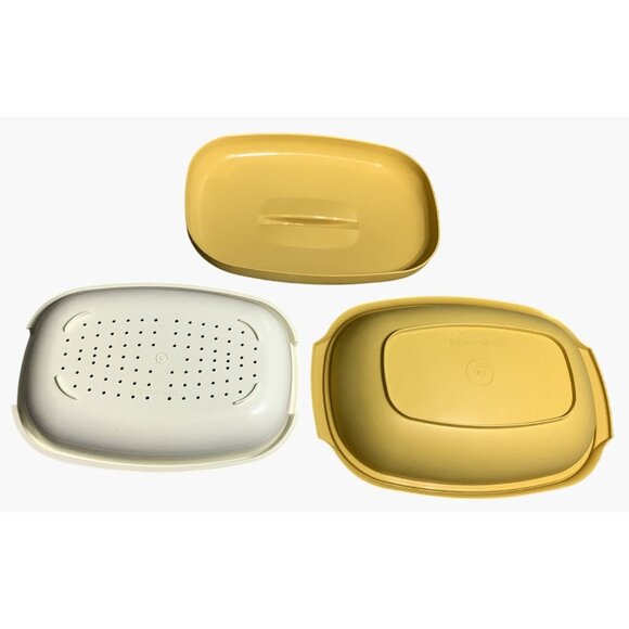2 Vintage Tupperware Gold Microwave Steamer 3-Piece Sets #1274 - Picture 6 of 8